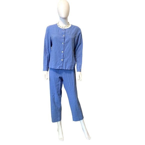 80s Vintage Palisades Blue 100% Linen Long Sleeve Button Front Top and Pant Set - Picture 1 of 4